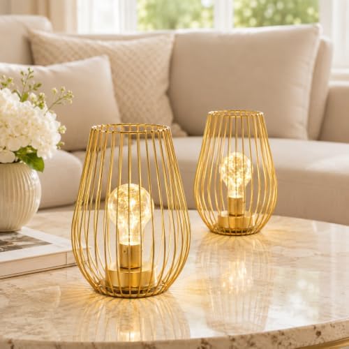 TRIROCKS Metal Cordless Table Lamp - 8'' Tall Set of 2 Cage Shape Battery Operated Lamp with Fairy Lights Bulb for Indoor/Outdoor Use Perfect for Christmas Garden and Weddings (Gold,Set of 2)