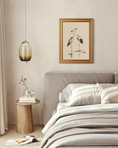 WHASAYART Gold Framed Vintage Wall Art for Living Room, Animals Painting Prints Shelf Decor for Kitchen, Aesthetic Bedroom Wall Art, Best Gifts for Friends or Family - Two Cranes 16L x 12W
