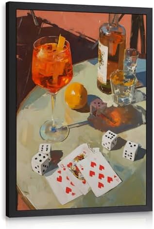 Cyebmo Vintage Cocktail Wall Art, Trendy Poker Dice Bar Wall Decor, Gambling Drink Still Life Poster Print, Retro Casino Game Room Aesthetic Picture for Dining Room Kitchen Wood Framed 16x24 Inch