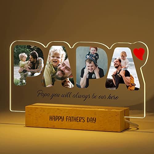 Personalized Photo Acrylic PAPA Sign Plaque Gifts for Dad Papa Grandpa from Daughter Son Wife Customizable LED Night Light Wooden Base Lamps Desk Bedroom Decor Signs
