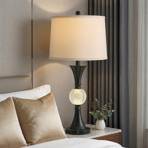 Oneach 28.5" Black Table Lamps Set of 2, Tall Luxury Bedside Lamps with Night Light, USB A+C Charging Ports, Elegant Metal Nightstand Lamps for Bedroom Office End Table Decoration