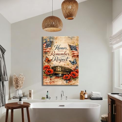 Patriotic Honor Remember Respect Canvas Wall Art, Memorial Day Military Tribute, 4th of July Decor, Framed Prints for Home,Office,Living Room, Made in USA, Ready to Hang