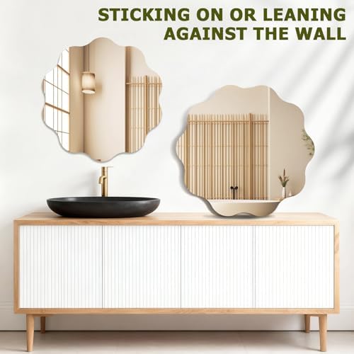 16 inch Decorative Scalloped Circle Mirror for Wall Decor | High Clear Glass Round Wavy Mirror with Double-Sided Taps, Frameless Squiggle Mirror for Bathroom, Bedroom, Living Room