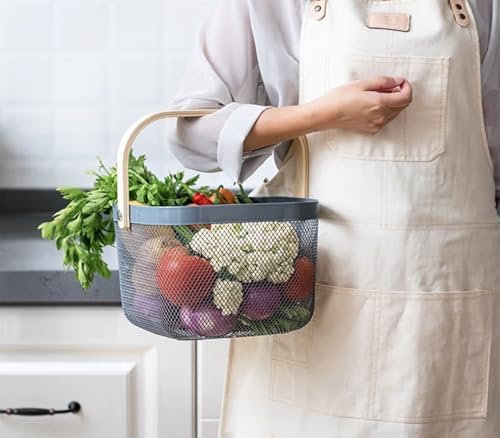 AJIODA Metal Mesh Steel Basket, Storage Organizer Basket Multi-functional Hanging Kitchen Baskets Fruit Basket with Wooden Handle for Kitchen Bathroom Picnic Shopping Decor Cabinet Home, Grey