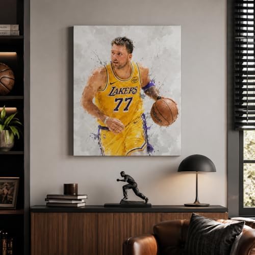 Luka Dončić-LAL Basketball Canvas Wall Art, Sports Player Poster, 12x16 | Abstract splash ink athletic artwork, motivational sports wall decor for teen boys room, bedroom, living room, gym or office