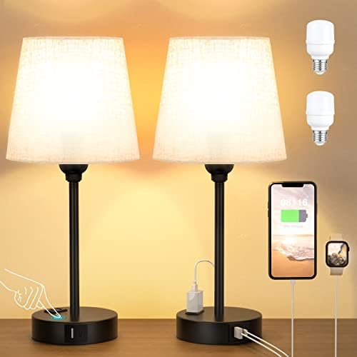 Bedside Table Lamps Set 2 for Bedroom - Dimmable Touch, USB C+A, AC Outlet