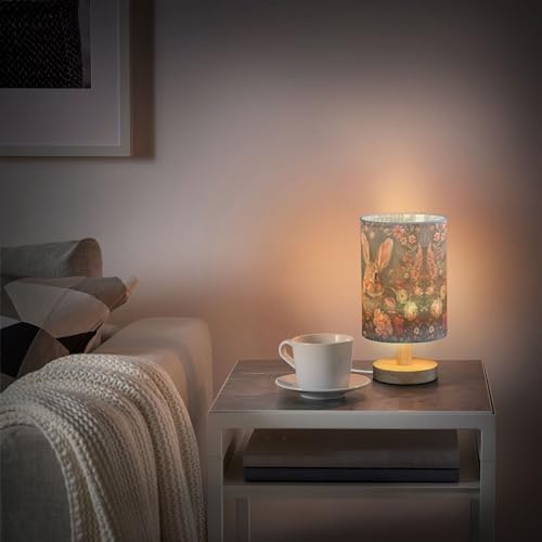 Table Lamp Bunny Floral Rose Daisy Flower Nightstand Lamp with Wood Base Fabric Lamp Shade Bedside Desk Lamp for Living Room Bedroom Kids Room Office