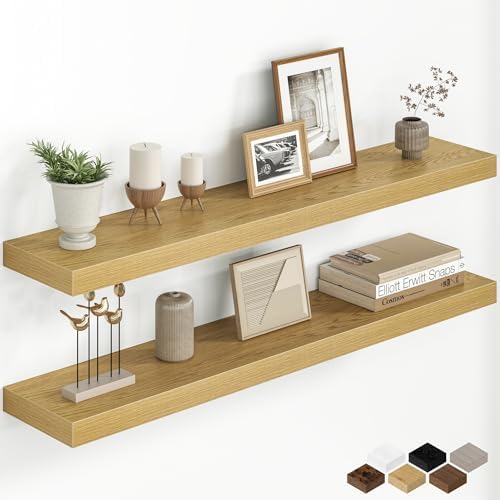 40 Inch Floating Shelves for Wall, Rustic Wood Wall Mounted Deep Storage Shelves with Invisible Brackets, Long Decorative Display Ledge for Living Room Bedroom Bathroom and Kitchen, Set of 2, Oak