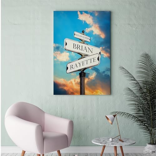 A&T ARTWORK Street Sign Sunset GlowCanvas Prints Gift Your Names,the Date and romantic verses or write your own message Gift for Anniversary,Valentine's day,Wedding. 24X36 inches
