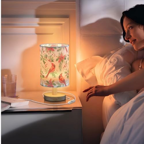 Christmas Red Bird Green Leafs Holy Berry Bedside Table Lamps with USB Port for Bedroom Lamp Small Nightstand Lamp Linen Shade Wooden Decorative Lamps for Winter Holiday Living Room Home Dorm Kids