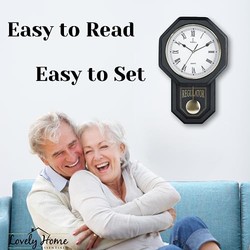 Pendulum Wall Clock, Real Wood Regulator Clock, Black, Quiet Non-Chiming
