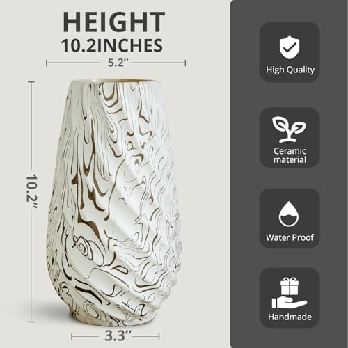 10 inch Tall Ribbed Ceramic Vase for Flowers,Boho Vases for Pampas Grass,Fluted vase,Simple Modern Decorative Vase for Home Decor Table Centerpieces (Milk Pattern)
