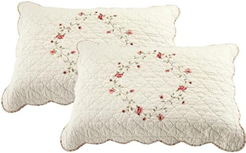 vctops 2-Piece Embroidered Cotton Quilted Pillow Shams Vintage Floral Decorative Pillow Covers Boho Pillow Cases Queen Size, Cream