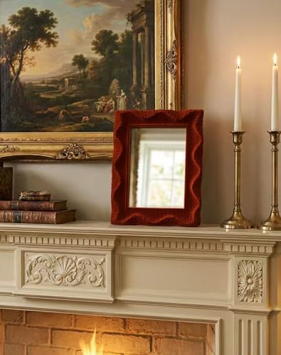 Small Wall Mirror with Cozy Flocking Touch for Bedroom Decor,Maroon | 14x12" Resin Frame,Wavy Style,Funky Decorative Mirrors for Vintage Mid-Century Victorian Home Living Room Office Guest Room