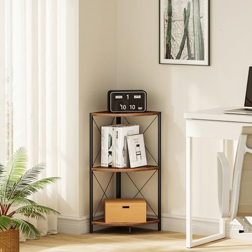 Snughome Corner Shelf with Metal Frame, 3 Tier Rustic Corner Storage Organizer, Freestanding Corner Bookshelf Stand Display Rack for Kitchen, Living Room