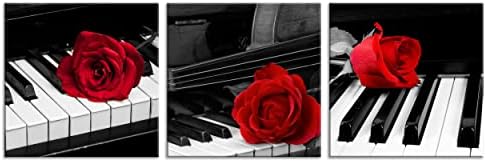 NAN Wind 3 Pcs Modern Canvas Painting - Black and White Red Rose Art With Piano Keyboard - Music Decorations Flower Picture for Home Decor - Giclee Framed Artwork for Wall
