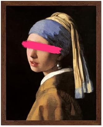 Poster Master Girl with a Pearl Earring Painting Print - Baroque Portrait Poster - Altered & Pop Art - Gift for Men & Women - Decor for Bedroom, Living Room or Office - 8x10 Brown Framed
