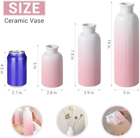 Small Gradient Pink Ceramic Vase Set of 3, Boho Modern Flower Vase Room Decor, Farmhouse Decor, Vases for Your Kitchen, Bathroom, Bedroom, Living Room, Office&Shelf Centerpiece Table Decorations