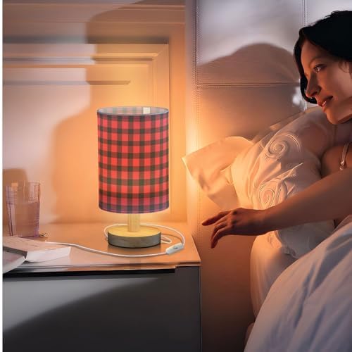 Fustylead Red and Black Buffalo Plaid Bedside Table Lamps with USB Port for Bedroom Lamp Table Lamp Small Nightstand Lamp Sturdy Linen Shade Wooden Decorative Lamps for Home Dorm Office Living Room