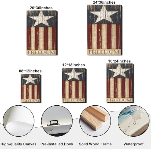 Rustic Patriotic Freedom Flag Canvas Art 12x18in, Vintage American Flag Wall Decor, 4th of July Independence Day Framed Prints, Artwork for Home, Kitchen & Office, Made in USA