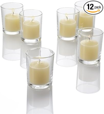 Set of 12 Richland Votive Candles Ivory Unscented and 12 Clear Glass Eastland Votive Holders