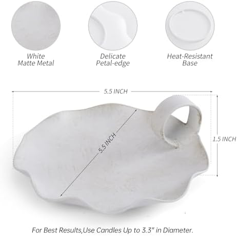 Candle Holders for Pillar Candles, 5.5" Overall Width Vintage Metal Plate Holder with Handle, Fits Candles up to 3.3" Diameter & Flameless, Distressed White (Candles Not Included)