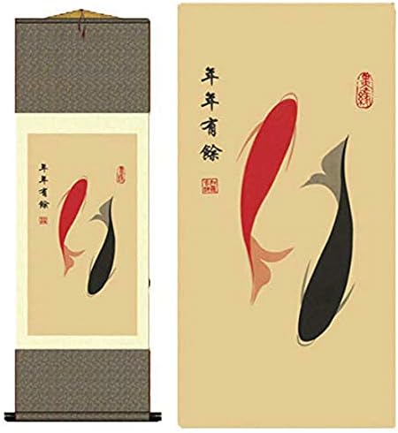 AtfArt Asian Wall Decor Beautiful Silk Scroll Painting - Ancient Pisces Double Fish Oriental Chinese Art Wall Hanging (39 x 12 in)