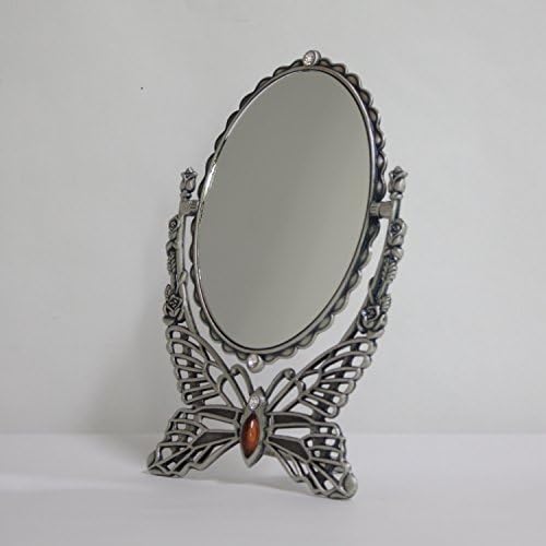 SEHAMANO Vintage Antique Butterfly Patterned Metal Frame Makeup Table Mirror, Decorative Oval Shaped Stand Mirror, Vanity Cosmetic Double Sided Rotatable Ellipse Mirror (Tin (Matt Grey), Medium)