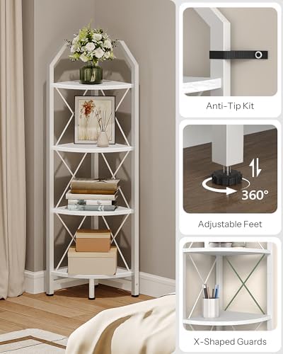 CHOEZON 4-Tier Corner Shelf, Industrial Corner Bookshelf, 47.6" Corner Storage Stand, Plant Stand Display Shelf, Corner Bookcase for Bedroom, Living Room, Home Office, White TCJ09WB