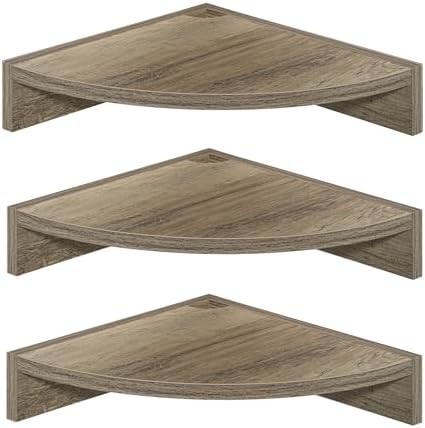 Fun Memories Corner Shelf Wall Mount, Wood Floating Corner Shelves,Corner Wall Shelf for Bedroom, Bathroom, Kitchen, Living Room (Grey, 3 Pack)