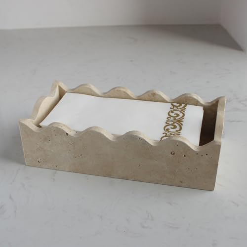Natural Travertine Guest Towel Holder 9.8" × 4.9" for Bathroom, Rectangular Napkin Holder with Scalloped Edge, Tissue Hand Towel Tray for Dinner Table, Countertop Bathroom Vanity