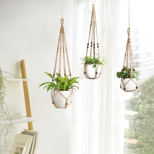 Mkono 3 Pack Macrame Plant Hangers Hanging Planters for Indoor Plants Brown