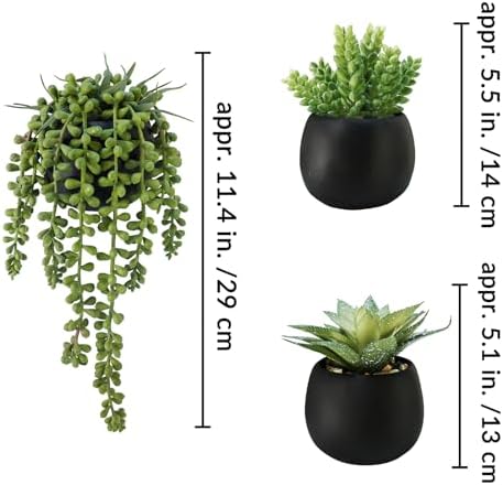 Winlyn Set of 3 Artificial Succulents Plants in Black Cement Planters Faux Potted Plants Aloe String of Pearls Donkey Tail Small House Plants 5" Tall for Table Shelf Home Office Bathroom Living Room