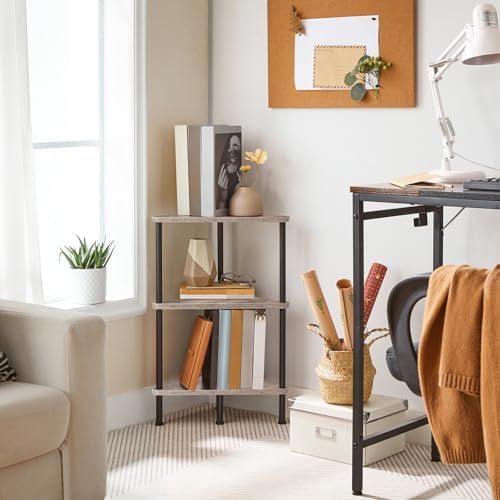 HOOBRO Corner Shelf Stand, Industrial 3-Tier Wall Corner Bookshelf with Metal Frame, Plant Display Shelf, Bookcase for Small Spaces, Living Room, Greige and Black BG30CJ01