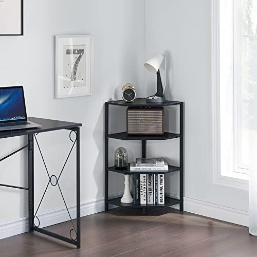 VECELO 31 Inch Corner Shelf, 4-Tier Display Shelves, Wood Storage Stand with Metal Frame, Multipurpose Shelving Unit for Small Space, Home Office, Black