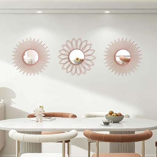 3 Pack Metal Mirrors for Wall Sunburst Wall Mirrors Home Décor Decorative Hanging Wall Art for Living Room Bedroom Entryway (Pink, Flower+Sunburst)