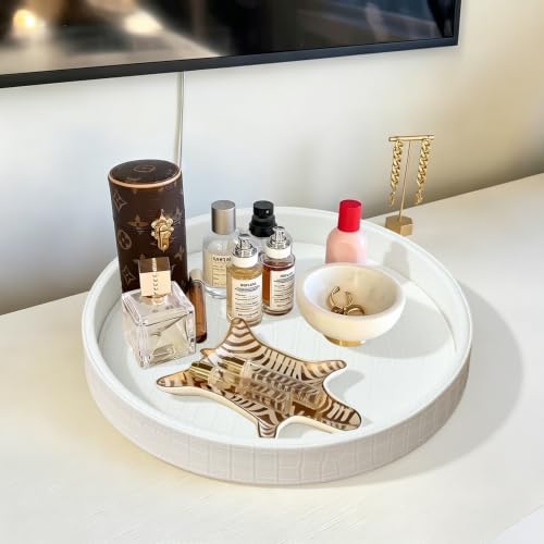 HofferRuffer Faux Leather Round Serving Tray, Vegan Croco Leather Decorative Food Tray for Storage Drinks, Snack & Cosmetics, Dia.12'' x 1.6'' (White Croco, 12'')