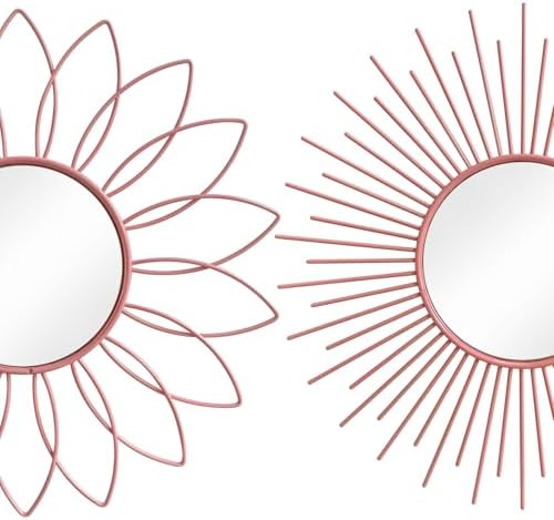 3 Pack Metal Mirrors for Wall Sunburst Wall Mirrors Home Décor Decorative Hanging Wall Art for Living Room Bedroom Entryway (Pink, Flower+Sunburst)