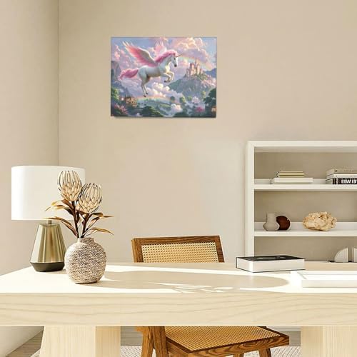 Crekviy Pink Unicorn Wall Art Fantasy Unicorn Bedroom Decor for Girls Magical Canvas Prints Painting Pictures Artwork Decorations for Nursery Room Bathroom Framed Kids Gifts 12"x16"