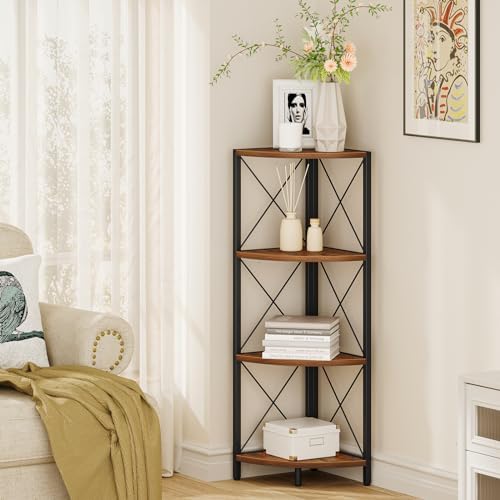 Snughome Rustic Corner Shelf Stand for Desktop, 4 Tier Corner Storage Plant Shelf, Freestanding Corner Shelf Display Rack, Multi-Unit Organizer for Living Room, Home Office, Small Space，Rustic Brown