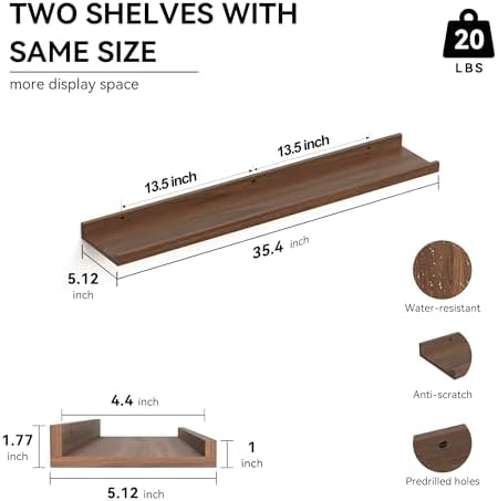 Boswillon Floating Shelves Set of 2, Long Wall Shelf with Lip, 36in, Walnut
