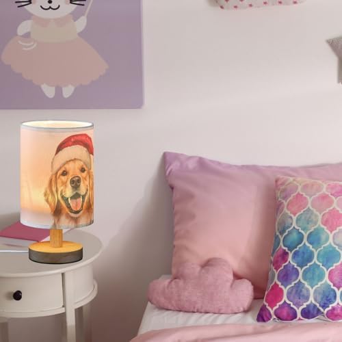 Christmas Golden Retriever Dog Santa Hat Bedside Table Lamps with USB Port for Bedroom Lamp Small Nightstand Lamp Sturdy Linen Shade Wooden Decorative Lamps for Nursery Kids Reading Dorm Home