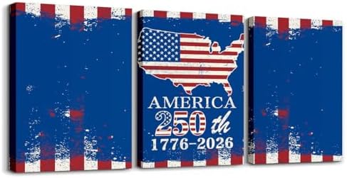 Feelyou Patriotic 250th Anniversary 3 Piece Canvas Wall Art for Living Room Bedroom 4th of July Wall Art for Home Decor America Map Office Decor Artwork Red and Blue Retro Style Picture Posters
