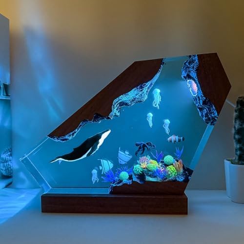 Handmade Blue Whale Resin Lamp with Wood Base
