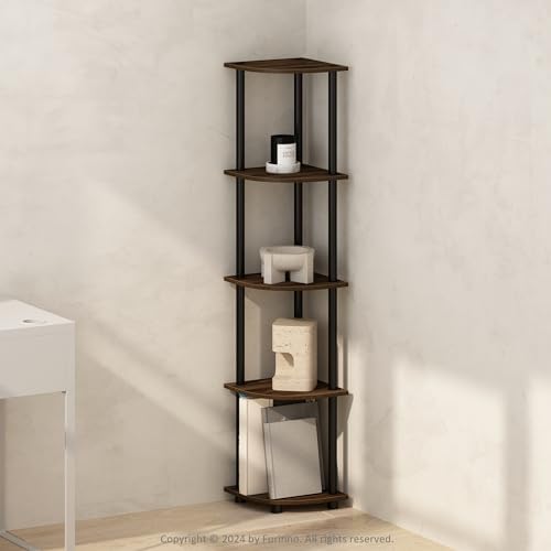 Furinno TURN-N-TUBE Corner Shelf, 5-Tier Corner Bookshelf, Open Storage Shelves, for Organization and Storage, Living Room, Home Office, Garage, Bedroom, Columbia Walnut