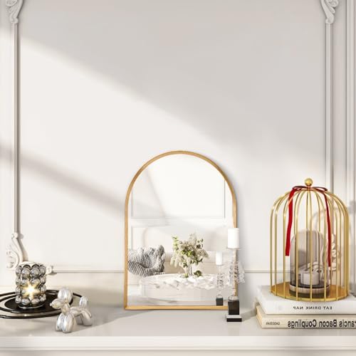 Gold Arched Mirror, Modern Bathroom Wall Mirror Aluminum Alloy Framed Mirror Brushed Metal Vanity Wall Mounted Mirrors for Livingroom Bedroom Entryway Room 16"x12"