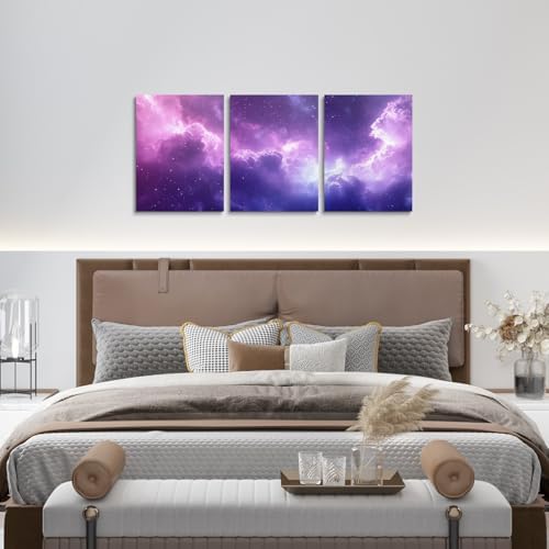 Feelyou Purple Galaxy 3 Piece Canvas Wall Art for Living Room Bedroom 3D Printed Space Wall Art for Home Decor Dreamy Nebula Office Decor Artwork Outer Space Picture Painting Posters