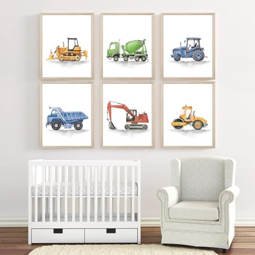 Boys Truck Wall Art Set of 6 Truck Vehicle Canvas Wall Decor Toddler Construction Wall Art Watercolor Playroom Kids Pictures Prints Nursery Artwork for Room Bedroom 12x16 Inch Wood Framed