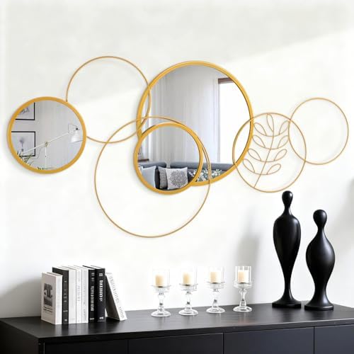 Golden Wall Mirror Set, Wall Mounted Metal Circle Mirror Set Modern Round Decorative Mirrors for Living Room Bedroom Bathroom Entryway 20x40 Inch Home Decor