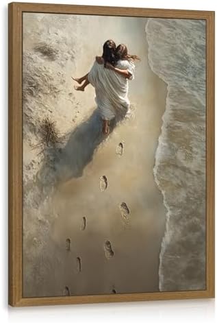 EisEver Jesus Hugging Woman Wall Art, Christian Beach Footprints Wall Decor, Inspirational Religious Faith Artwork, Jesus on Beach Canvas Painting for Church Prayer Room Wood Framed 12x16 Inch
